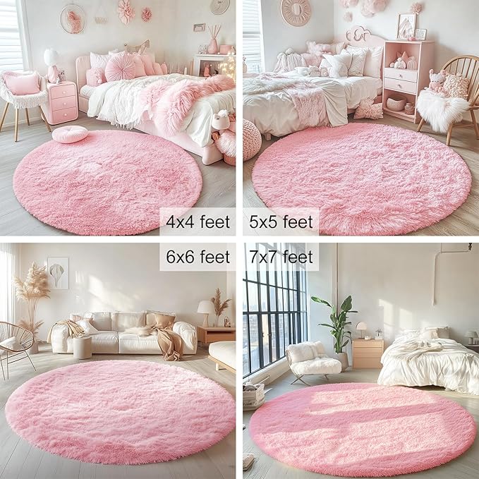 OLANLY Pink Round Rugs for Bedroom - Machine Washable, 4x4 Feet